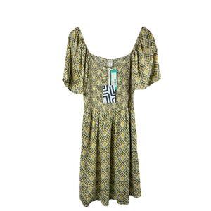 NWT Market & Spruce Cora Dress M Yellow Olive Ikat Smocked Bodice Cottagecore